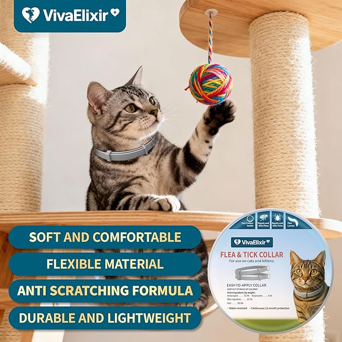 Flea and Tick Collar for Cats 2 Pack, 12 Months of Cat Flea Collar Protection 2 Collars Made with Premium Plant Based Essential Oil Waterproof and Natural Treatment Prevention Free Comb