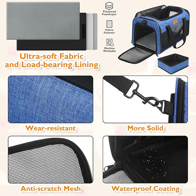 PETUX Airline Approved Pet Carrier - 17x11x9.5 in, Underseat, Top & Side Entry, Soft Sided Cat Dog Carrier for Small Cat & Dog Up to 12 lbs with Anti-Scratch Mesh & Litter Box for Travel & Vet - Blue