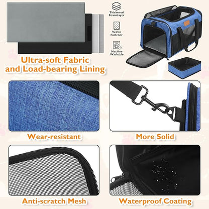 PETUX Airline Approved Pet Carrier - 17x11x9.5 in, Underseat, Top & Side Entry, Soft Sided Cat Dog Carrier for Small Cat & Dog Up to 12 lbs with Anti-Scratch Mesh & Litter Box for Travel & Vet - Blue
