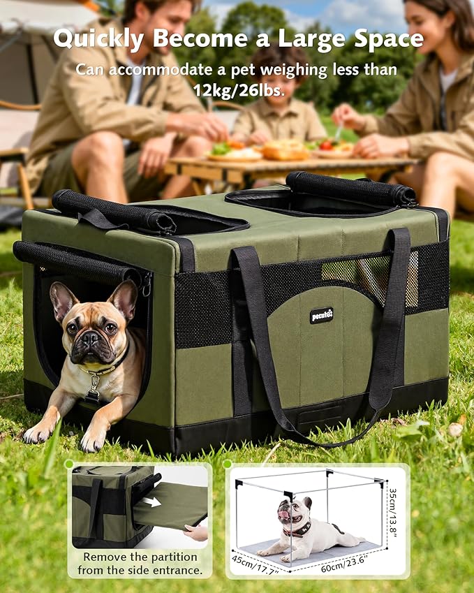Pecute Large Cat Carrier for 2 Cats Built-in Steel Frame & Removable Divider,Pet Carrier for Car Travel,Foldable Dog Crate,Soft Double Cat Crate with Breathable Mesh,Vet,Green