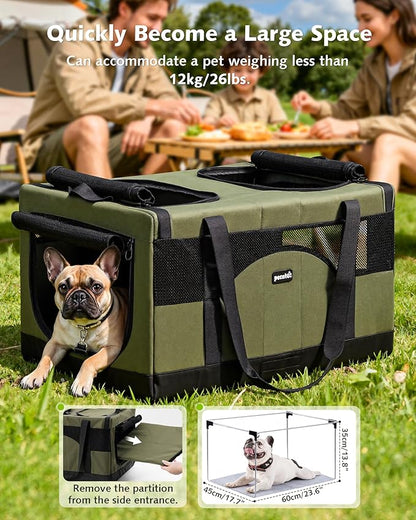 Pecute Large Cat Carrier for 2 Cats Built-in Steel Frame & Removable Divider,Pet Carrier for Car Travel,Foldable Dog Crate,Soft Double Cat Crate with Breathable Mesh,Vet,Green