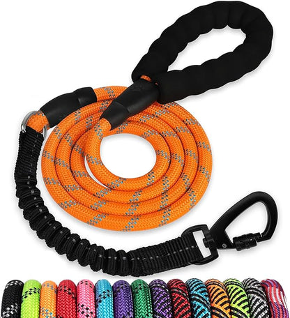 Rope Dog Leash 6 FT: Heavy Duty Leashes with Swivel Lockable Hook Reflective Threads Bungee and Padded Handle - Dog Lead for Large Small Medium Dogs Outside Walking Hiking Orange