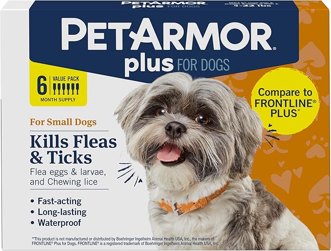 PetArmor Plus Flea and Tick Prevention for Dogs, Small Dog Flea and Tick Treatment, 6 Doses, Waterproof Topical, Fast Acting (5-22 lbs)