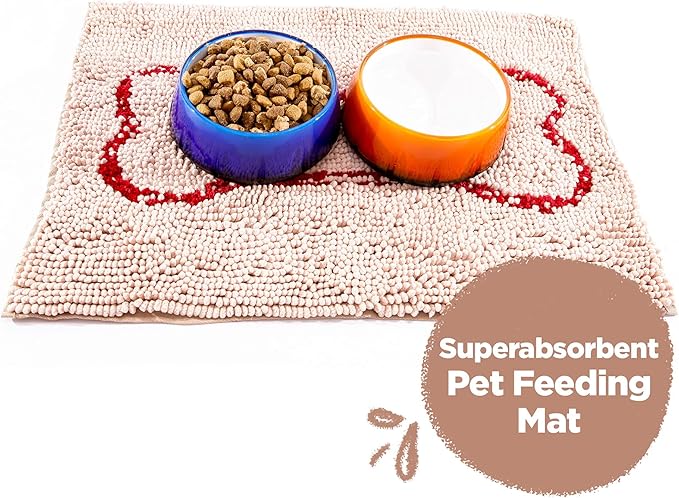 Soggy Doggy Slopmat - Beige/Red Bone - 18” x 24″ - Water Absorbing Door Mat for Muddy Paws and Food/Water Bowls - Microfiber Chenille Small Doormat - Machine Washable