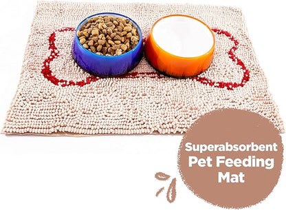 Soggy Doggy Slopmat - Beige/Red Bone - 18” x 24″ - Water Absorbing Door Mat for Muddy Paws and Food/Water Bowls - Microfiber Chenille Small Doormat - Machine Washable