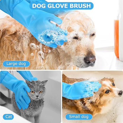 Senquoyn Dog Washing Gloves | Pet Grooming Gloves | Extra Long Arms (17.3") for Cats & Dogs | Massage & Hair Removal Pet Glove(Blue)