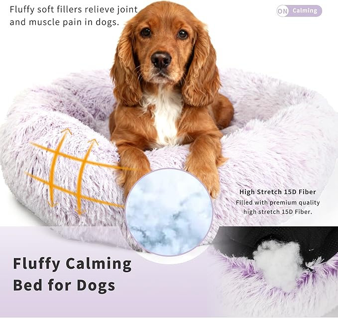 Calming Dog Bed for Medium Dogs Washable Donut 30 inches Anti-Slip Pet Bed,Round Fluffy Plush Faux Fur Cat Bed,Fits up to 45 lbs Pets,Gradient Purple