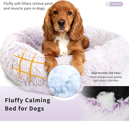 Calming Dog Bed for Medium Dogs Washable Donut 30 inches Anti-Slip Pet Bed,Round Fluffy Plush Faux Fur Cat Bed,Fits up to 45 lbs Pets,Gradient Purple
