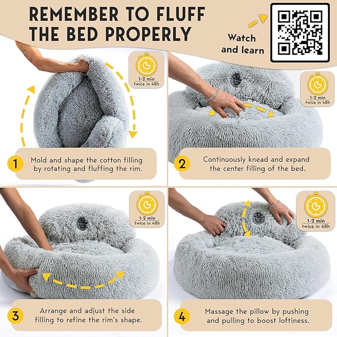 PetJett Calming Small Dog Bed - 23'' Round Dog Beds, Anti-Slip & Washable Super Soft Fluffy Plush Faux Fur Pet Bed, Anti-Anxiety Premium Comfort Donut Puppy Bed, Fits Dogs up to 25 lbs - Bright Grey