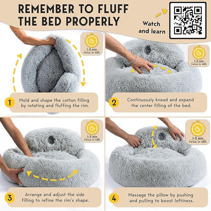 PetJett Calming Small Dog Bed - 23'' Round Dog Beds, Anti-Slip & Washable Super Soft Fluffy Plush Faux Fur Pet Bed, Anti-Anxiety Premium Comfort Donut Puppy Bed, Fits Dogs up to 25 lbs - Bright Grey