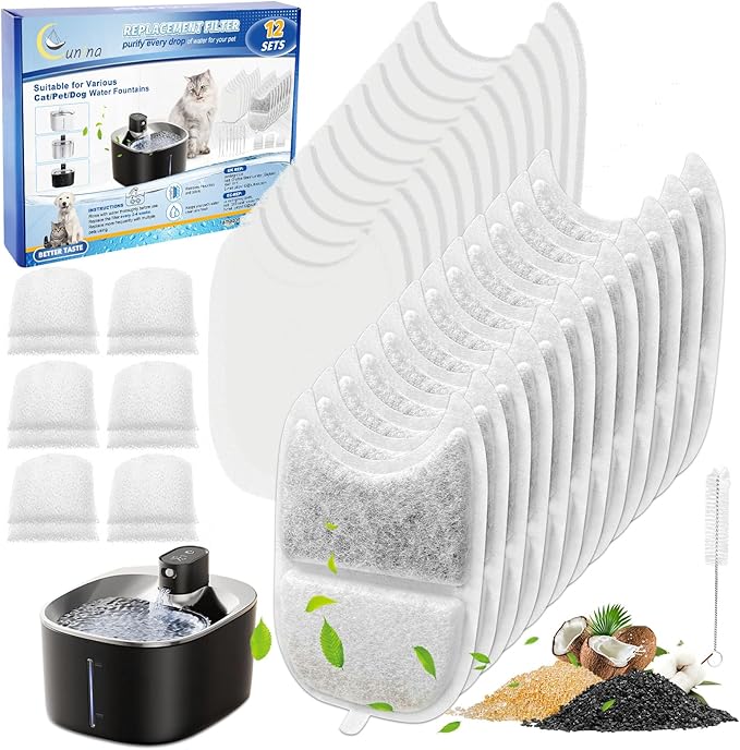 Cunina 12 Set Cat Water Fountain Filter Replacements & Sponges for 135 fl oz/4L Pet Fountain Drink Machine Dog Water Fountain, YPD-C004P YPD-C004S Water for Cats Drinking Fountain Pump Replacement
