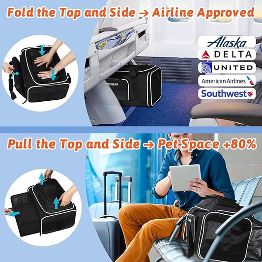 Petskd Top and Side Expandable Pet Carrier 17x11x9.5 Inches Alaska Airline Approved, Soft-Sided Carrier for Small Cats and Dogs with Locking Safety Zippers and Anti-Scratch Mesh(Black)