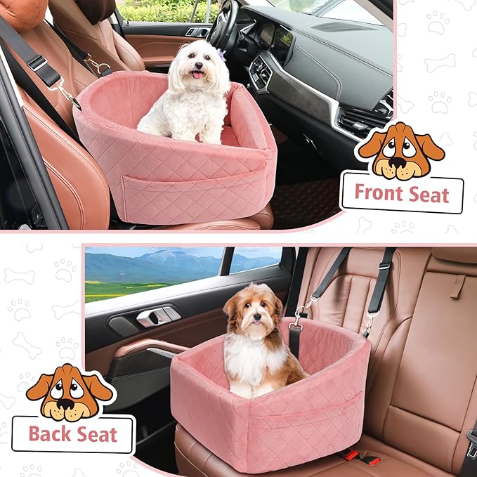 NEEZUKAR Dog Car Seat for Small Medium Dogs,Detachable Washable Dog Booster Seat Under 30lbs, Pet Car Seats Travel Bed with Storage Pockets and Safety Belt(Pink)
