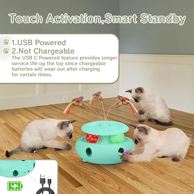 Scsuupoee Cat Toys,3-in-1 Interactive Cat Toys for Indoor Cats,Rechargeable Automatic Interactive Cat Toy with Fluttering Butterfly,Smart Sensor 6 Holes Mice Whack-A-Mole and Track Balls,Blue