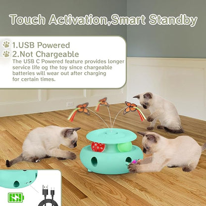 Scsuupoee Cat Toys,3-in-1 Interactive Cat Toys for Indoor Cats,Rechargeable Automatic Interactive Cat Toy with Fluttering Butterfly,Smart Sensor 6 Holes Mice Whack-A-Mole and Track Balls,Blue