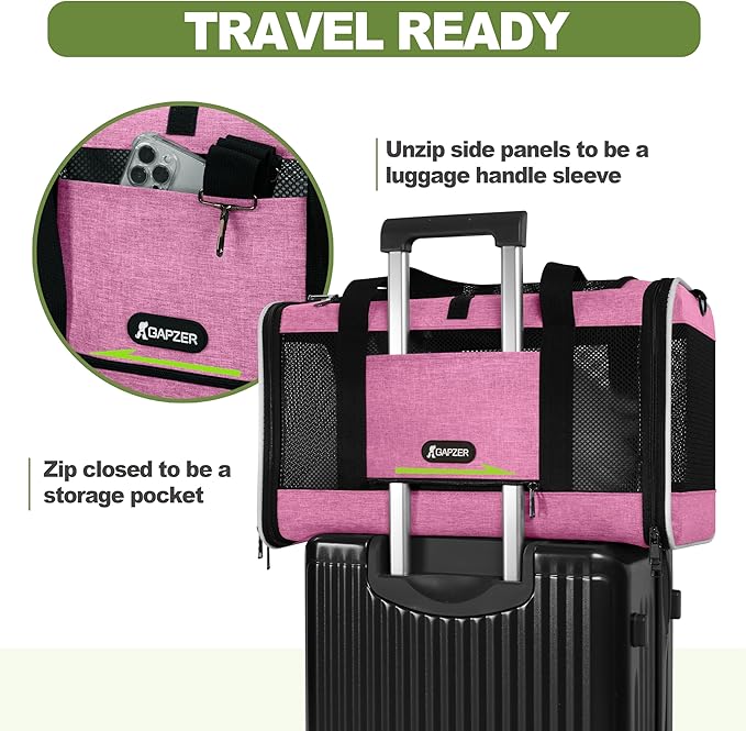 GAPZER Cat Carrier 18x11x11 Delta Airline Approved, Easy Load Soft Pet Plane Travel Bag 15 pounds, Teacup Dog Crate 12 lbs, Yorkie Kennel Carrying Case, Kitten Toy Poodle Mesh Cage up to 20lbs Pink