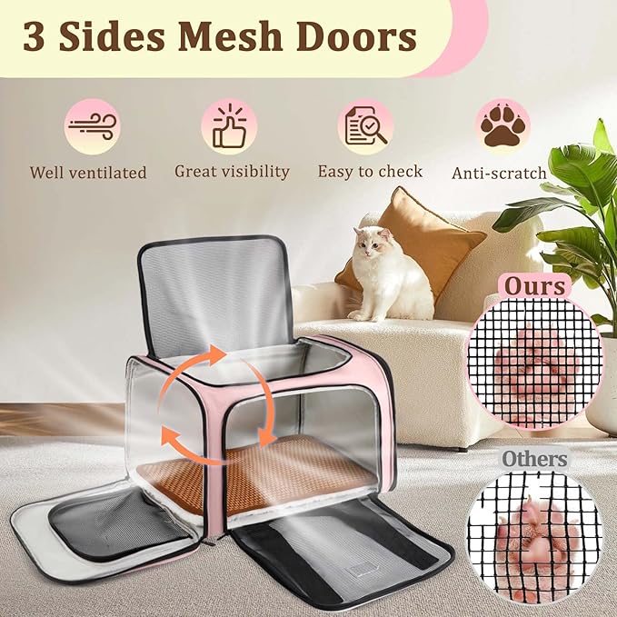 DSDCDJ Cat Carrier Dog Carrier - Soft-Sided Cat Carrier with Plush Pad & Cooling Mat, Easy-Load 4-Side Zipper & 3-Side Mesh Ventilation, Pet Carrier Airline Approved for Cats/Dogs Up to 20 lbs, Pink