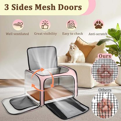 DSDCDJ Cat Carrier Dog Carrier - Soft-Sided Cat Carrier with Plush Pad & Cooling Mat, Easy-Load 4-Side Zipper & 3-Side Mesh Ventilation, Pet Carrier Airline Approved for Cats/Dogs Up to 20 lbs, Pink