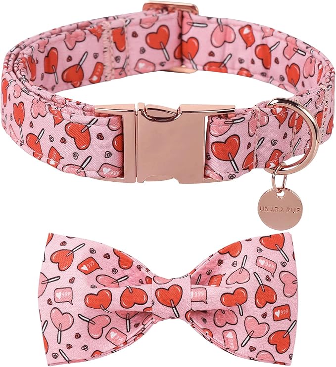 UP URARA PUP Valentine’s Day Dog Collar with Bow Tie, Pink Heart Bowtie Collar with Metal Buckle, Valentine’s Day Gift Pet Collar for Puppy Girl Boy Dog or Cat, Wedding Dog Collar, L, Neck 16-24in