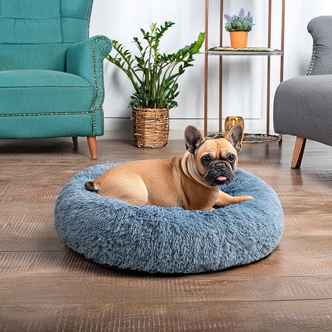PetAmi Calming Dog Bed for Small & Medium Dogs and Cats, 23” Round Donut Dog Bed, Washable Fluffy Faux Fur Puppy & Cat Bed, Anti-Anxiety Plush Cuddler Pet Bed with Anti-Slip Bottom - Blue