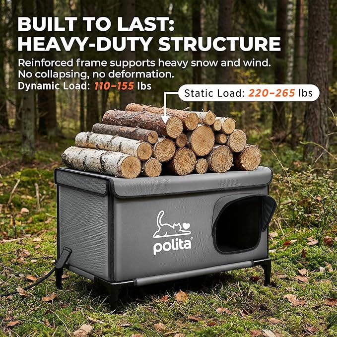 Polita Indestructible Heated Cat House for Outdoor Cats in Winter, Extremely Insulated & 100% Weatherproof, Elevated Feral Cat Shelter with Waterproof Eaves & Safe Escape Door for Stray & Barn Cats