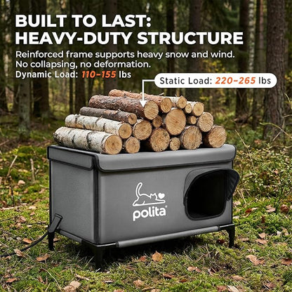 Polita Indestructible Heated Cat House for Outdoor Cats in Winter, Extremely Insulated & 100% Weatherproof, Elevated Feral Cat Shelter with Waterproof Eaves & Safe Escape Door for Stray & Barn Cats