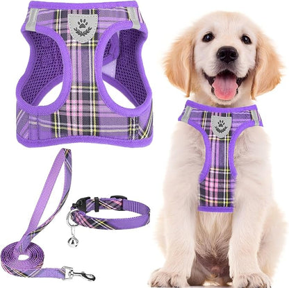 PUPTECK Adjustable Dog Harness Collar and Leash Set Step in No Pull Pet Harness for Small Medium Dogs Puppy and Cats Outdoor Walking Running, Soft Mesh Padded Reflective Vest Harnesses, Purple XL