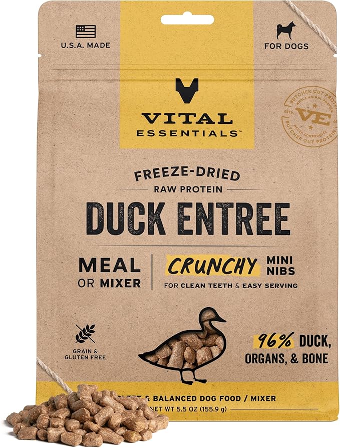 Vital Essentials Freeze-Dried Raw Dog Food, Duck Crunchy Mini Nibs | Complete Meal or Mixer | High Protein Dog Food | 5.5 oz