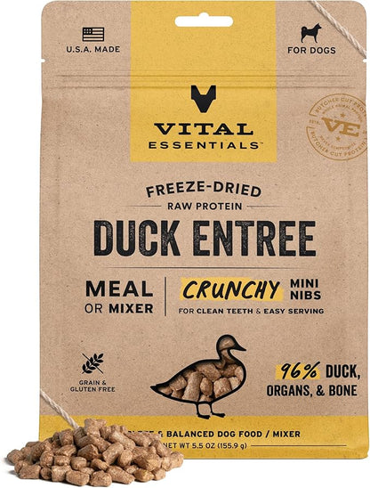 Vital Essentials Freeze-Dried Raw Dog Food, Duck Crunchy Mini Nibs | Complete Meal or Mixer | High Protein Dog Food | 5.5 oz