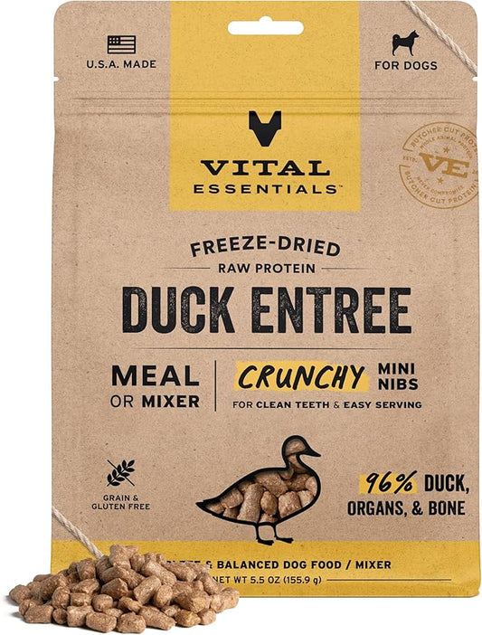 Vital Essentials Freeze-Dried Raw Dog Food, Duck Crunchy Mini Nibs | Complete Meal or Mixer | High Protein Dog Food | 5.5 oz