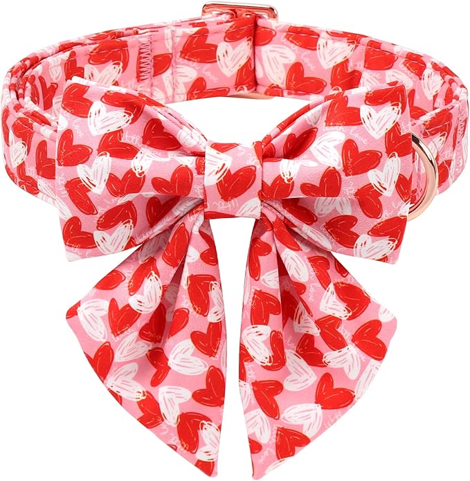 Valentines Dog Collar with Lady Bow - Cute Valentine Doodle Hearts Pink Girl Bowtie Dog Collar, Adjustable Metal Buckle Dog Collars for Small Medium Large Dogs XL