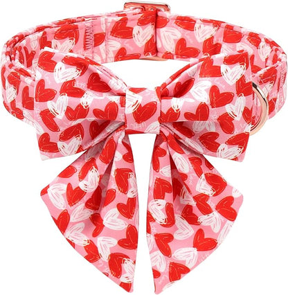 Valentines Dog Collar with Lady Bow - Cute Valentine Doodle Hearts Pink Girl Bowtie Dog Collar, Adjustable Metal Buckle Dog Collars for Small Medium Large Dogs XL