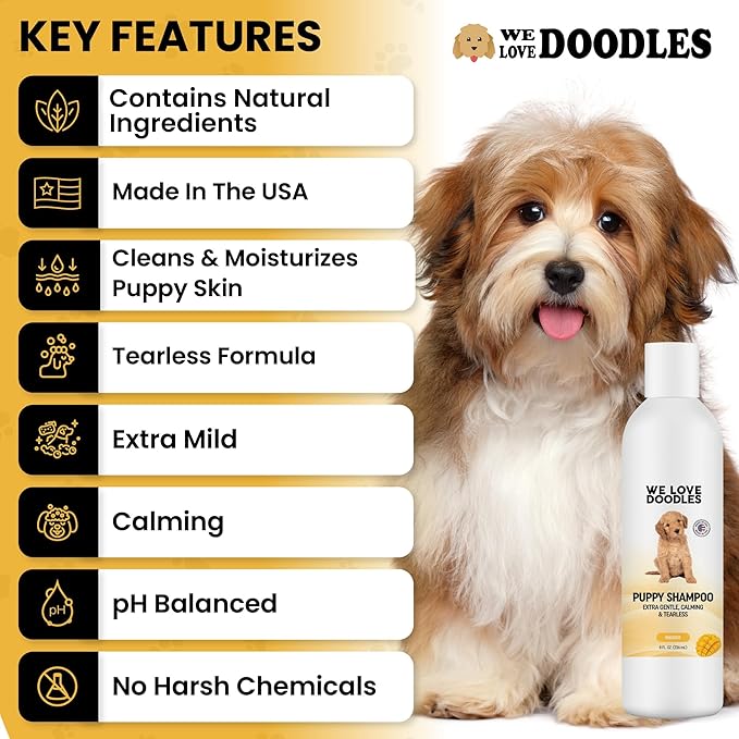 Puppy Shampoo & Conditioner | Made in USA | Tear Free | Best Shampoo for Puppies | Sensitive & Itchy Skin Wash | Oatmeal Bathing | Tearless, Mango, 8oz [We Love Doodles]