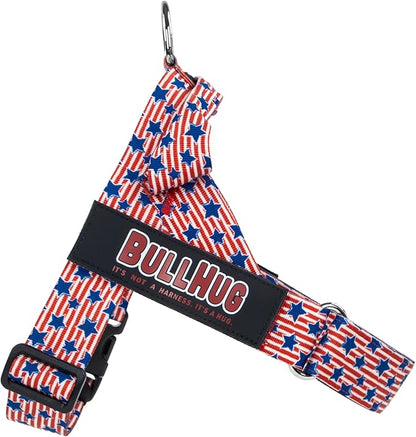 BULLHUG Adjustable Dog Harness– No Pull, No Choke – for English Bulldogs, French Bulldogs, Pugs & Broad-Chested Breeds – Easy, Safe Walks (Stars & Strips, Large)