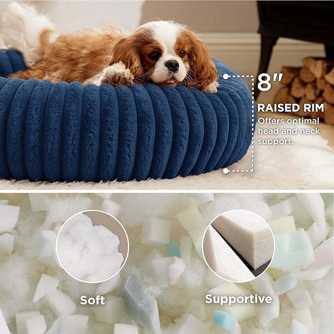 Bedsure ComfyFleece Donut Medium Dog Bed - Washable Faux Fur with Corduroy Fleece & Anti Slip Bottom, Round Pet Beds with Removable Cover, Night Blue, 30x30x8 inches