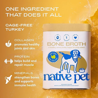 Native Pet Bone Broth for Dogs and Cats - Turkey Bone Broth Powder Dog Food Toppers for Picky Eaters - Provides Extra Nutrition for Joint Strength, Immune Support & Heart Health - 192 Scoops