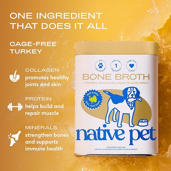 Native Pet Bone Broth for Dogs and Cats - Turkey Bone Broth Powder Dog Food Toppers for Picky Eaters - Provides Extra Nutrition for Joint Strength, Immune Support & Heart Health - 96 Scoops