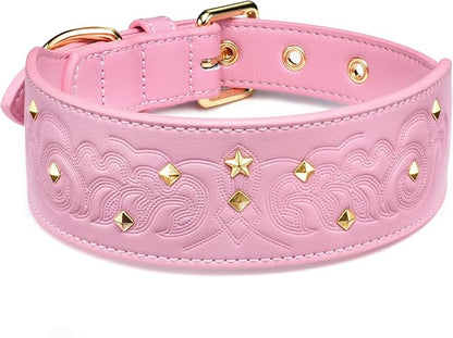 Blueberry Pet Premium Embossed Pink Glam Silver-Powered Freshness Microfiber Leather Dog Collar with Gold Studs