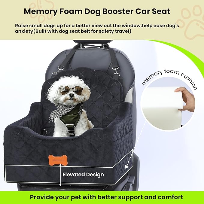 koneboss Dog Car Seat for Small Dogs Under 30lbs, Detachable Washable Pet Booster Seat with Safety Belt & Storage Pockets, Travel Car Bed, Black