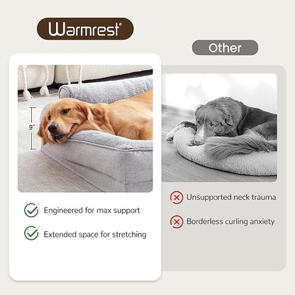 Warmrest XL Orthopedic Dog Beds for Large Dogs, Waterproof Egg-Crate Foam Pet Couch Bed with Soft Sides, Non-Slip Dog Sofa with Fleece Removable Washable Cover, 42" L Supportive Pet Sofa, Light Grey