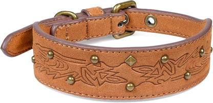 Blueberry Pet Premium Embossed Silver-Powered Freshness Microfiber Suede Leather Dog Collar in Saddle Brown