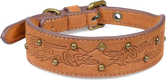 Blueberry Pet Premium Embossed Silver-Powered Freshness Microfiber Suede Leather Dog Collar in Saddle Brown
