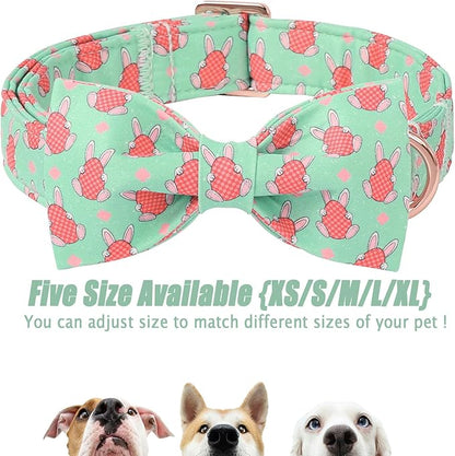 Easter Dog Collar With Bow Tie - Bunny Egg Pattern Bowtie Adjustable Heavy Duty Spring Collar for Small Medium Large Dogs XS