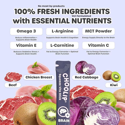Choolip Squeeze Vita Stick Lickable Cat and Dog Treats, 7-Count Brain Support, Tuna and Chicken with DHA, CoQ10 and Vitamin E, Vet-Formulated
