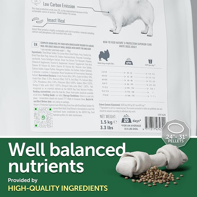 Nature's Protection Hypoallergenic Small Breed Dry Dog Food - High Protein, Grain Free Tear Stain Formula - Dog Kibble for Sensitive Stomachs for Adult Light Fur Dogs (Superior Care - Insect, 3.3 lb)