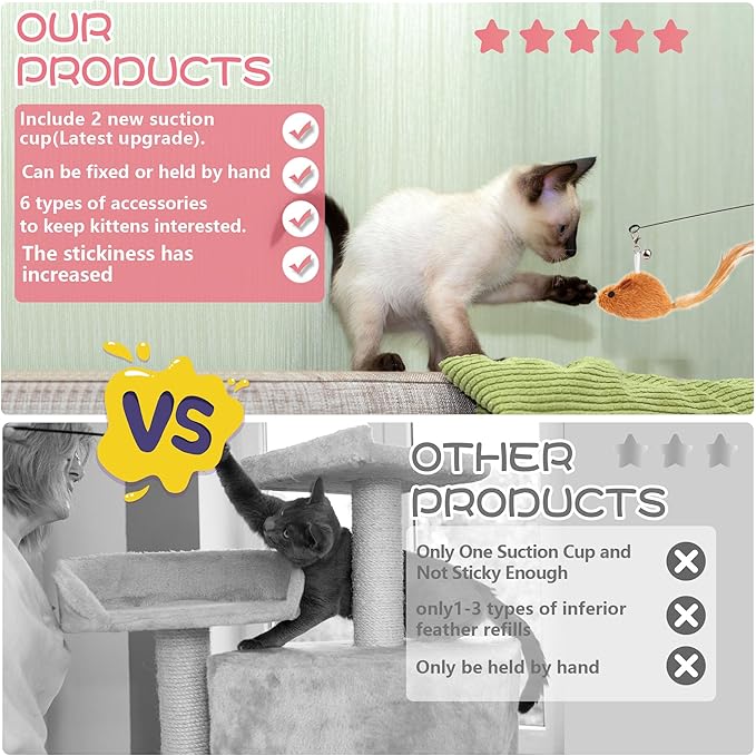 Maiguangta Interactive Bird Simulation Cat Toy Set,Cat Wand Toys,Wand Self-Holding Suction Cups Base,Include Detachable 6 Pcs Replacements Feathers Toys