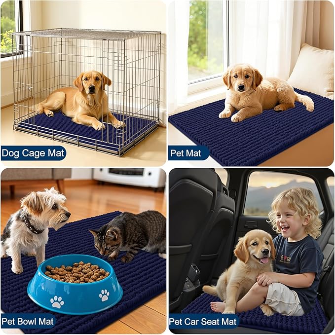 OLANLY Dog Door Mat for Muddy Paws 24x16, Ultra Absorbent Chenille Mud Doormat, Non-Slip Washable and Dirt Trapping Doormat for Indoor Entryway, Quick-Dry Indoor Pet Bed Mats for Dogs, Navy Blue