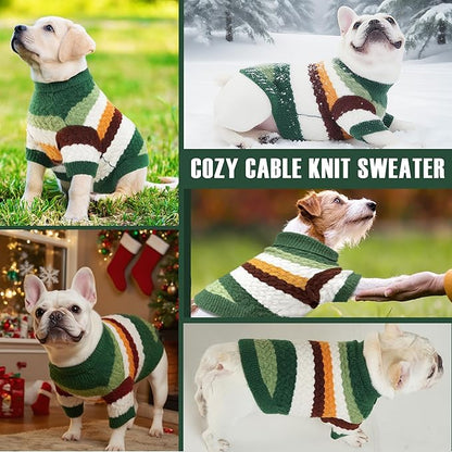 KAROKU Dog Sweater, Classic Turtleneck Knitted Striped Dog Sweaters, Warm Sweater for Winter, Soft Christmas Sweaters for Boy Girl, Dogs Clothes for Small/Medium Cats, Doggys (Green, Medium)