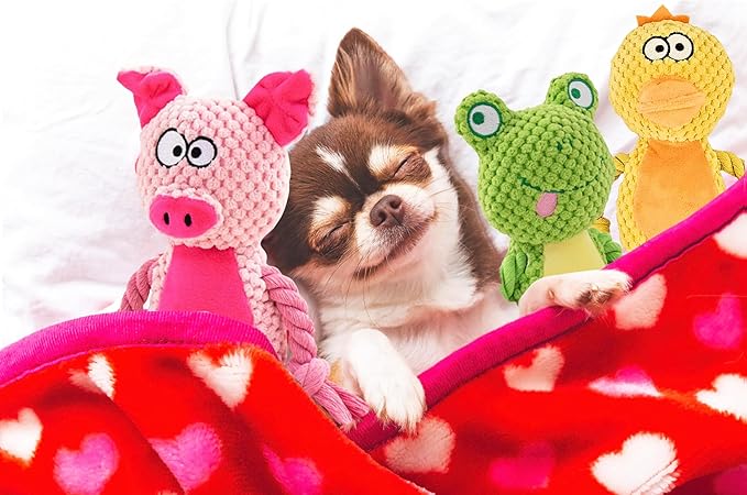 Leash and Leisure Plush Dog Toys, 3-Pack Variety Set with Squeaker, Crinkle Paper, Rope, Non-Toxic, Soft & Durable, Teething Puppy Toys- Farm Friends or Jungle Pals, 9.45 x 3.94 inches (Farm Friends)