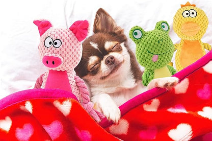 Leash and Leisure Plush Dog Toys, 3-Pack Variety Set with Squeaker, Crinkle Paper, Rope, Non-Toxic, Soft & Durable, Teething Puppy Toys- Farm Friends or Jungle Pals, 9.45 x 3.94 inches (Farm Friends)